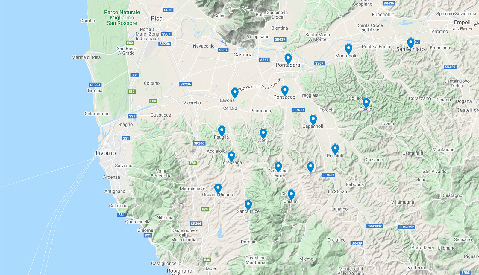 Mappa dei comuni del territorio del Consorzio Vini Terre di Pisa